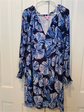 Lilly Pulitzer Navy Floral Blouse with Pink Trim